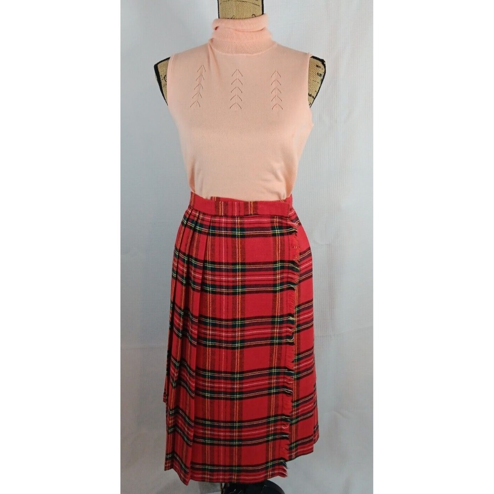 Pleated Tartan Checkered‎ Red Plaid Round Long A-Line Wrap Skirt Sm - Med AA439